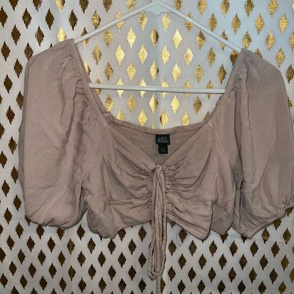 Wild fable smocked puffy peasant sleeve nude strappy crop top size M - Picture 2 of 5